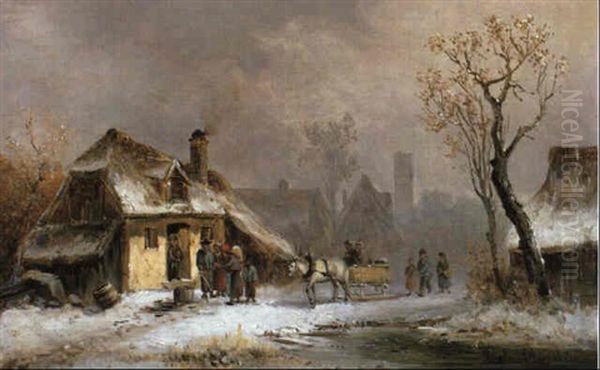 Dorfchen Im Winter Mit Figurlicher Staffage Oil Painting by Anton Doll