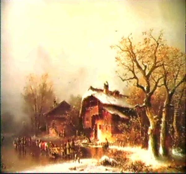 Winterliches Treiben In Einem Dorf Oil Painting by Anton Doll