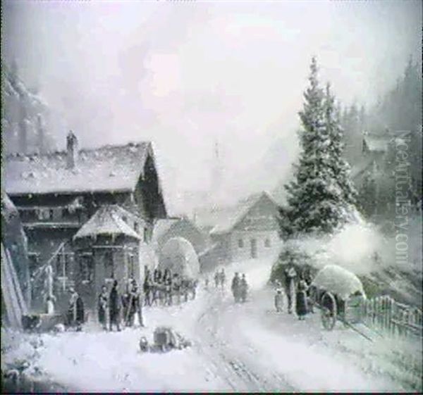 Dorfstrasse Im Winter Mit Staffagefiguren Vorn, In Der Ferne Der Kirchturm Oil Painting by Anton Doll