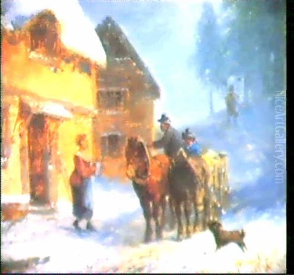 Winterliche Rast Vor Landlichem Gasthof. Oil Painting by Anton Doll