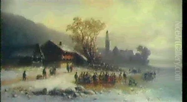 Winterliche Szene Am Tegernsee Oil Painting by Anton Doll