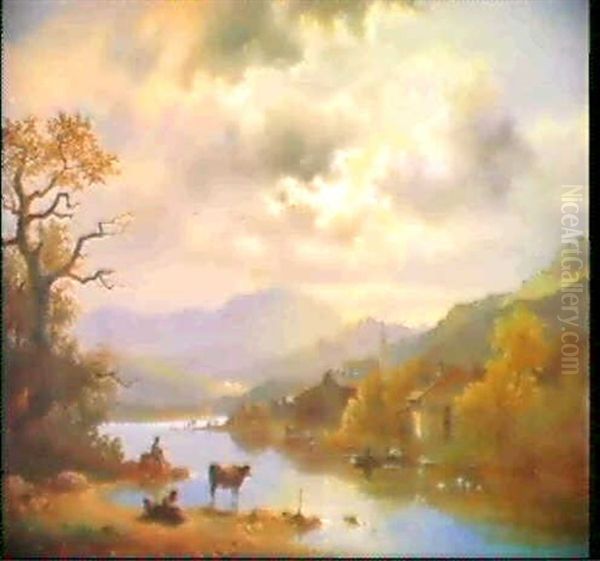 Gebirgsee Mit Einem Kirchdorf Am Ufer Unter Hohem Dunkel    Bewolktem Sommerhimmel Oil Painting by Anton Doll