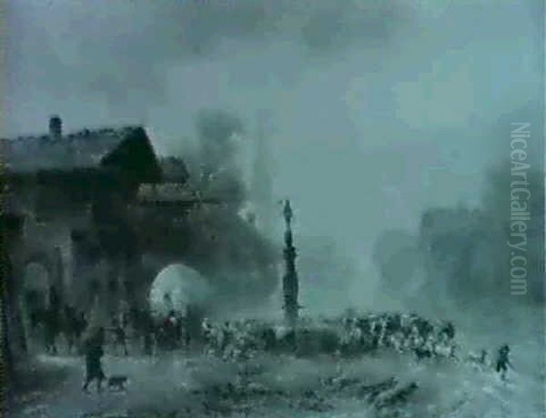 Dorfstrasse Von Partenkirchen Bei Regen, Mit Fluchtendem    Vieh Oil Painting by Anton Doll