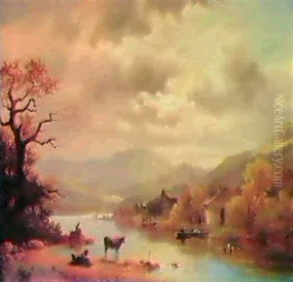 Flusslandschaft Im Alpengebiet Oil Painting by Anton Doll