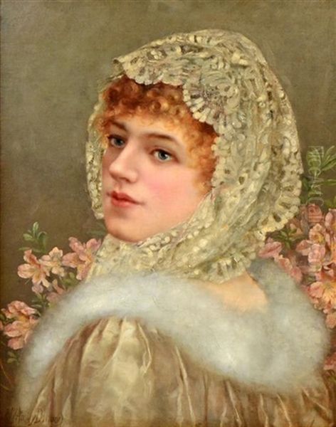 British Classical Maiden, Wearing A Lace Head Scarf Oil Painting by William Anstey Dolland