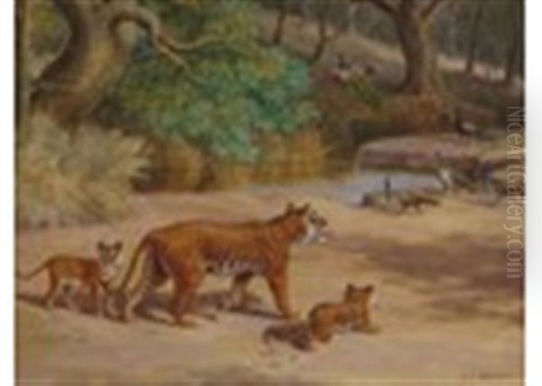 Tigers And Peacocks Oil Painting by John Charles Dollman