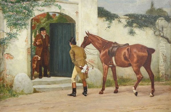 Young Man And His Horse With An Old Gentleman Opening A Door With A Spaniel Inset Oil Painting by John Charles Dollman