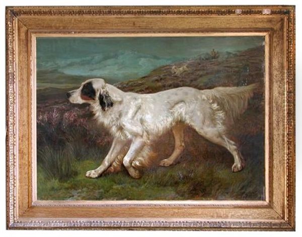 Portrait Of Dash, Ft Ch. Dash Ii (kcsb 4039), An English Setter, With Another Setter Behind Him, Flushing Grouse On Moorland, With Sportsmen Behind Oil Painting by John Charles Dollman