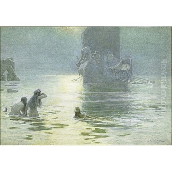 Illustration Of A Viking Ship Returning Home Oil Painting by John Charles Dollman