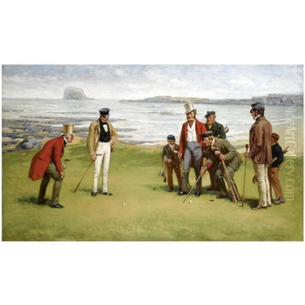 Lord Rosebery, Admiral Fleming, The Duke Of Buccleuch And Lord Charles Hope With Their Respective Caddies At North Berwick Oil Painting by John Charles Dollman