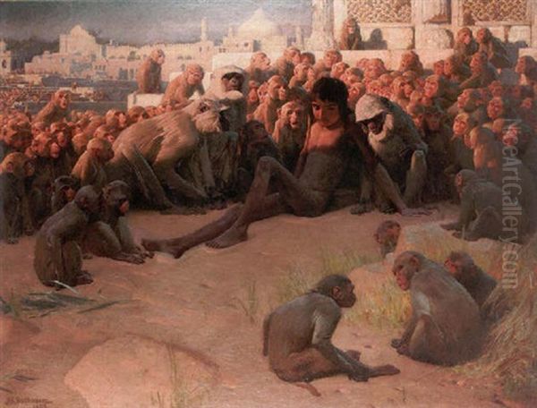 Mowgli, Made Leader Of The Bandar-log Oil Painting by John Charles Dollman