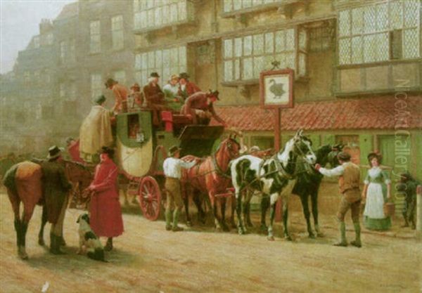 The London To York Coach Outside The Black Swan Oil Painting by John Charles Dollman