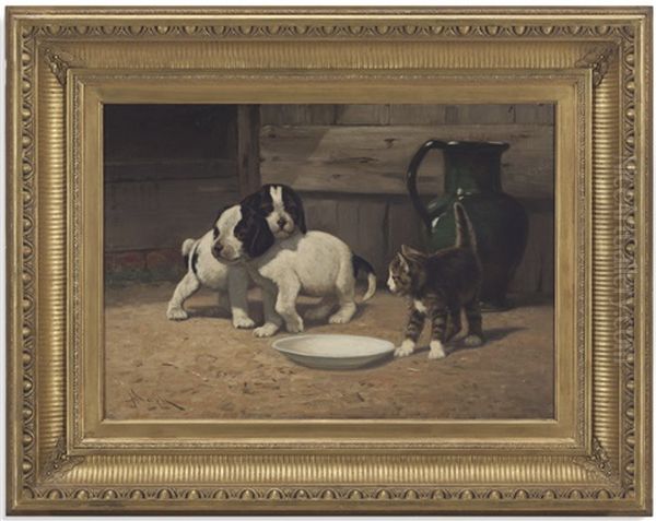 Puppies And Kitten Oil Painting by John Henry Dolph