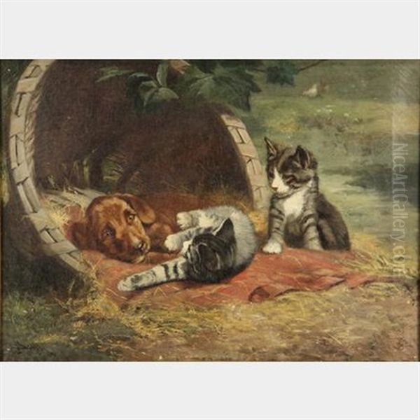 Puppy And Two Kittens In Apple Basket Bed Oil Painting by John Henry Dolph