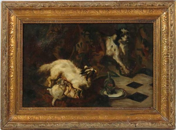 Cat Protecting Her Kittens Oil Painting by John Henry Dolph