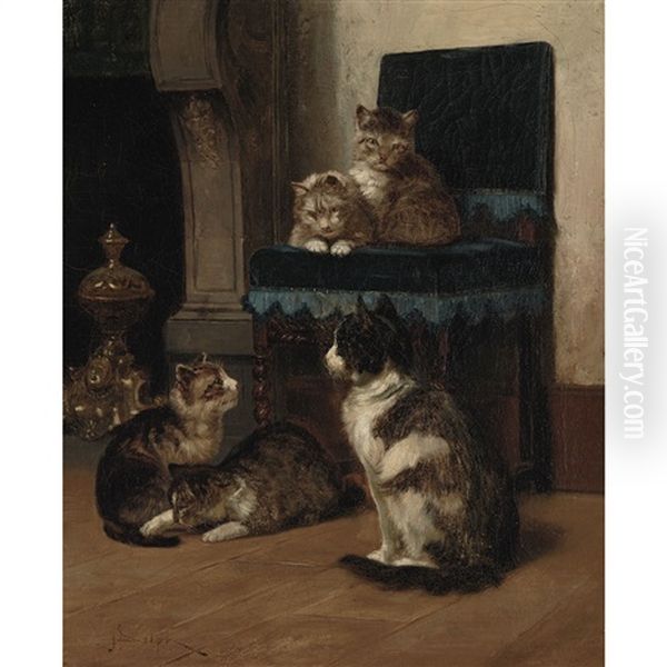 Mother Cat And Her Kittens By A Blue Chair Oil Painting by John Henry Dolph