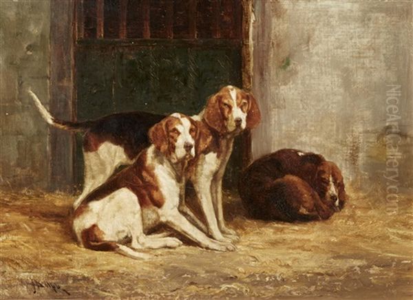 Three Hounds In A Kennel Oil Painting by John Henry Dolph