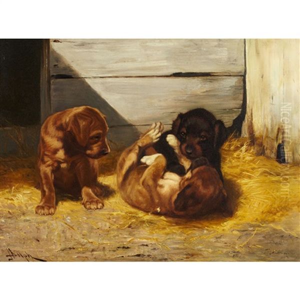 Puppies Playing In A Barn Oil Painting by John Henry Dolph