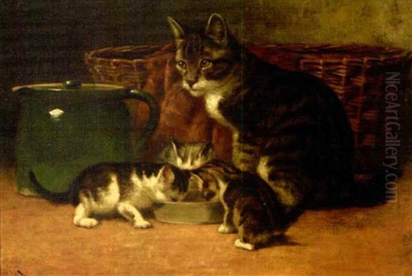 Mother Tabby Cat And Three Kittens At Their Dish Oil Painting by John Henry Dolph