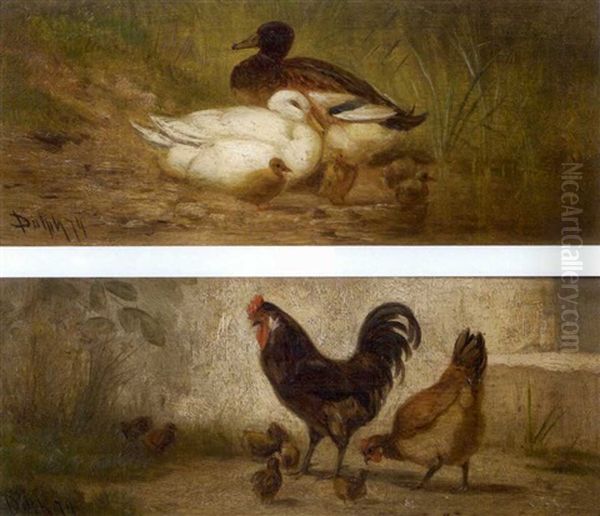 Ducks (+ Rooster And Hen; Pair) Oil Painting by John Henry Dolph