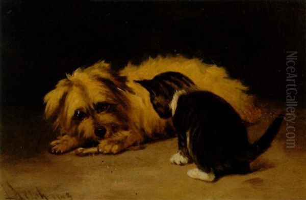 Kitten And Dog In An Interior Oil Painting by John Henry Dolph