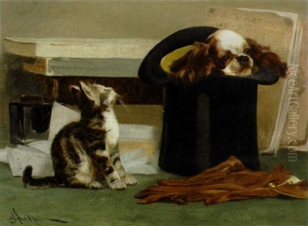 Painting Of A Cat Looking At A Dog Hiding In A Top Hat Oil Painting by John Henry Dolph