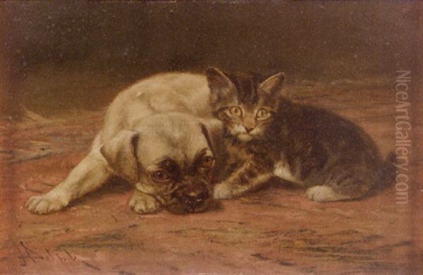 Making Friends / A Kitten And Pug Oil Painting by John Henry Dolph