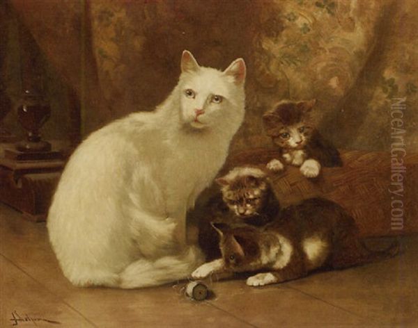 A Spool Of Thread, A Mother With Her Kittens Oil Painting by John Henry Dolph