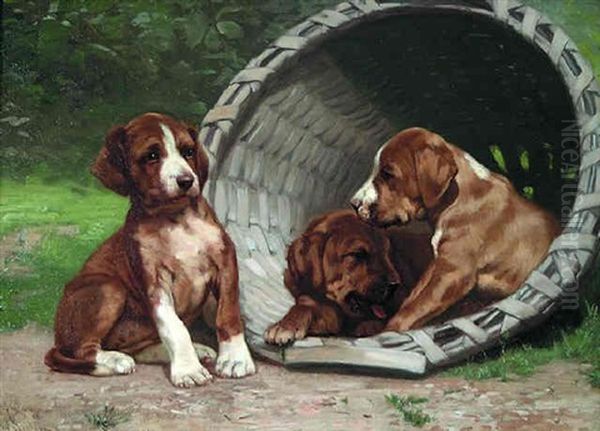 A Basket Of Puppies Oil Painting by John Henry Dolph