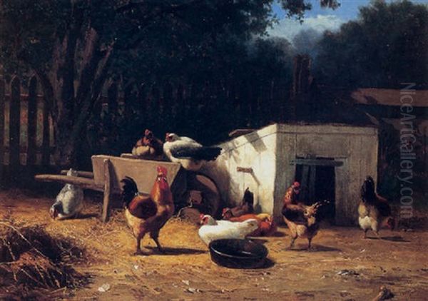 Chickens In A Barnyard Oil Painting by John Henry Dolph