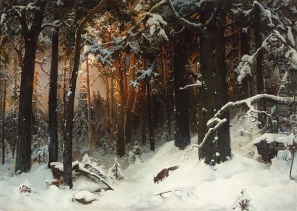 Verschneite Waldlandschaft Mit Schnurendem Fuchs Zur Abendzeit by Carl von Dombrowski