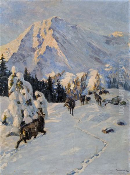 Gamsen In Winterlicher Gebirgslandschaft by Carl von Dombrowski