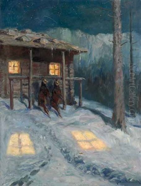 Gamsen Vor Einer Hutte Im Winter by Carl von Dombrowski