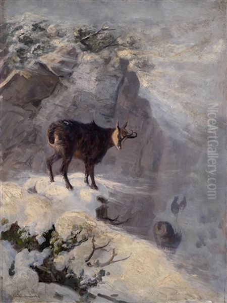 Gemsen Im Winter Oil Painting by Carl von Dombrowski