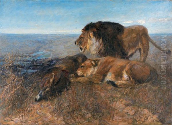 Lion Et Lionne Devant Leur Proie Oil Painting by Carl von Dombrowski