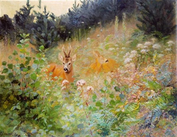 Ruhendes Rotwild Auf Der Waldlichtung Oil Painting by Carl von Dombrowski