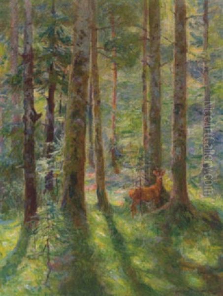 Rehbock Im Sonnendurchfluteten Wald by Carl von Dombrowski