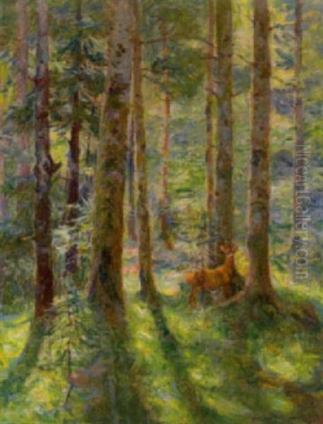 Rehbock Im Sonnendurchfluteten Wald Oil Painting by Carl von Dombrowski