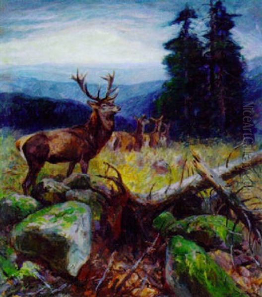 Kapitaler Hirsch Mit Kleinem Kahlwildrudel Im Schwarzwald Oil Painting by Carl von Dombrowski