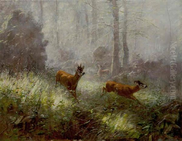 Rehe Und Rehbock Auf Einer Waldlichtung Oil Painting by Carl von Dombrowski