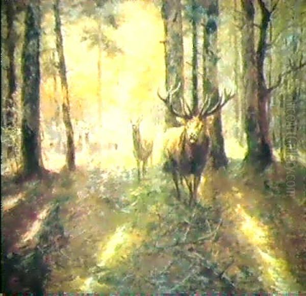 Hirschrudel In Einer Waldlichtung by Carl von Dombrowski