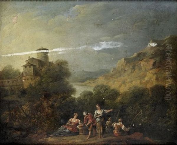 Pecheurs Sur Un Tertre Dans Un Paysage Vallonne Oil Painting by Pierre Salomon Domenchin de Chavanne