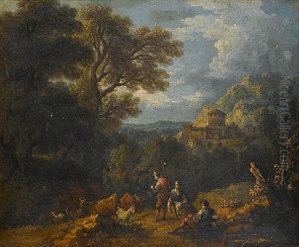 Shepherds Tending Their Livestock Oil Painting by Pierre Salomon Domenchin de Chavanne