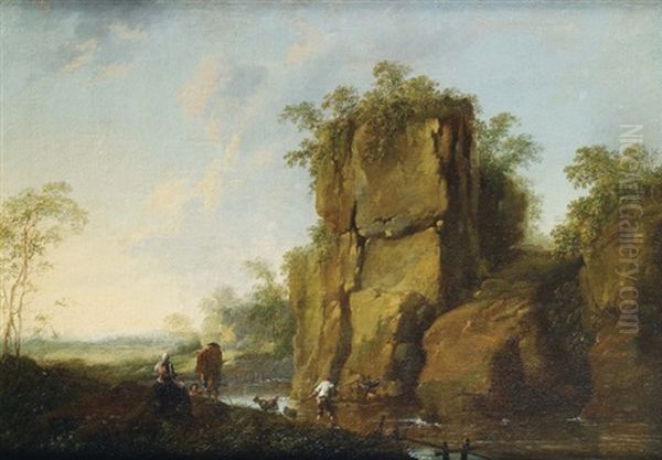 Paysage Aux Pecheurs Et Rochers Oil Painting by Pierre Salomon Domenchin de Chavanne