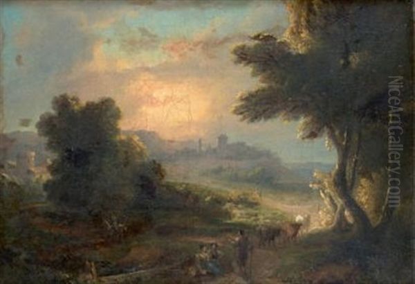 Paysage Aux Promeneurs Oil Painting by Pierre Salomon Domenchin de Chavanne