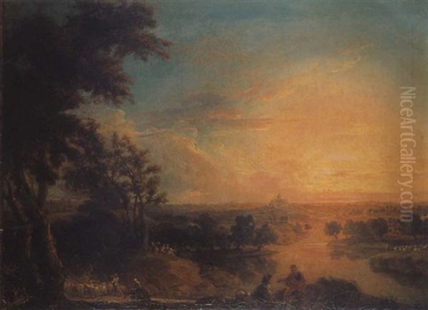 Repos De Bergers Dans Un Paysage De Riviere Au Soleil Couchant Oil Painting by Pierre Salomon Domenchin de Chavanne