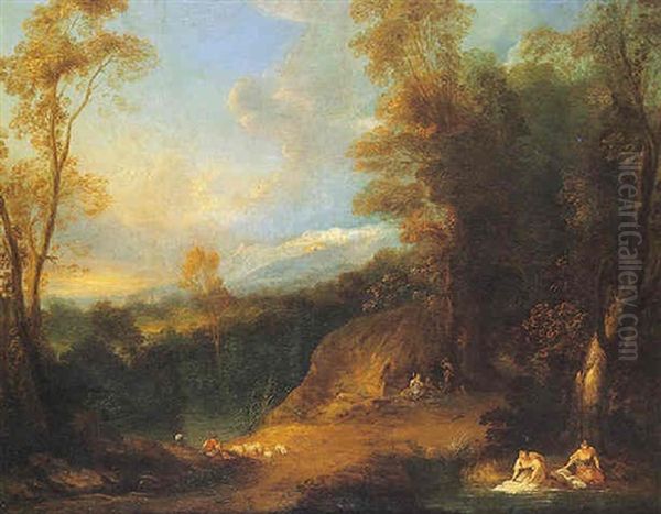 Lavandieres Et Berger Dans Un Paysage Boise Oil Painting by Pierre Salomon Domenchin de Chavanne