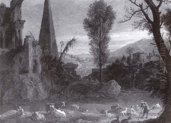 Repos De Bergers Dans Un Vaste Paysage De Riviere Et De Ruines Romaines Oil Painting by Pierre Salomon Domenchin de Chavanne