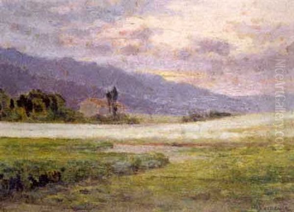 Paisaje De Olot Al Atardecer Oil Painting by Melchor Domenge Y Antiga