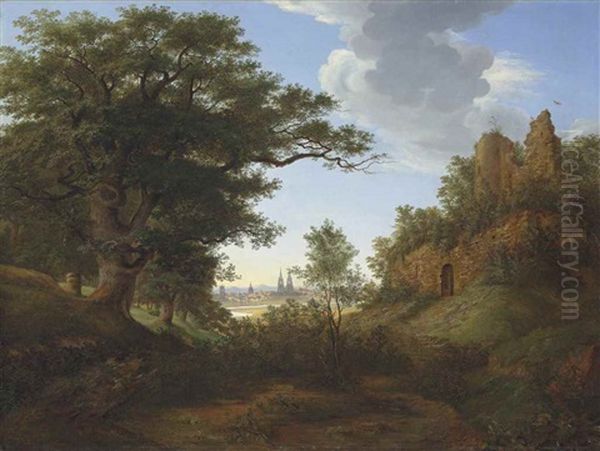 A Wooded Landscape With Ruins And A View Of Cologne, The High Cathedral Of Saints Peter And Mary Beyond Oil Painting by Jean-Barthelemy Domer